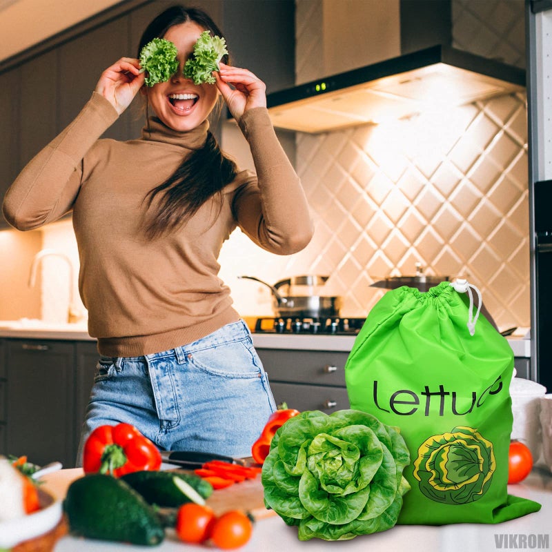 VIKROM Lettuce Keeper for Refrigerator â€“ 3-Layer Reusable Produce Storage Bags with Foil Lining and Drawstring | Breathable, Washable, Sturdy & Easy to Use | Great for Lettuce, Leafy Greens, Fruits & Veggies - Image 5
